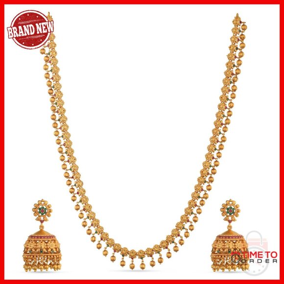 Antique Gold Plated Long Necklace Set with Jhumka Earrings Brass Traditional